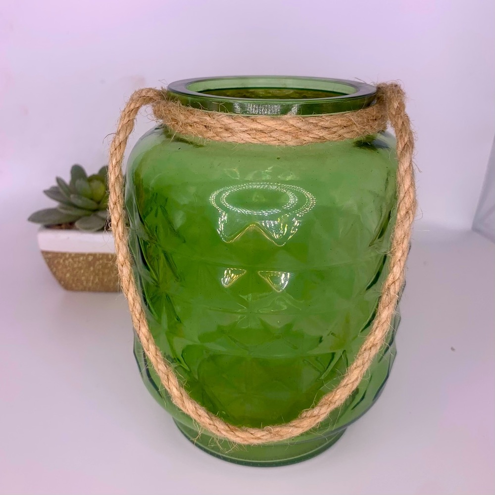 NWT Cubist Design Green Glass Lantern Nautical Western Rope Decor Jar